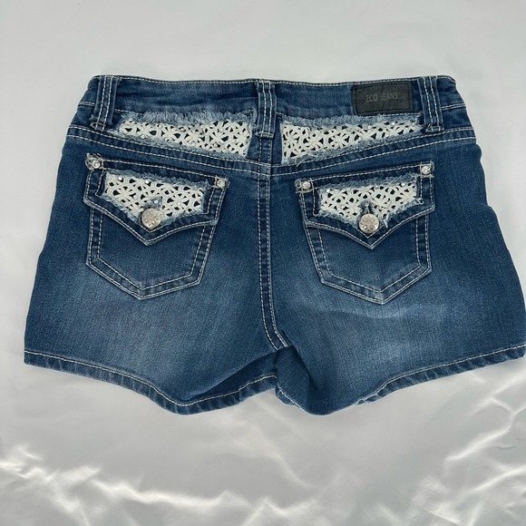 ZCO Pants - ZCO Jeans Y2K Denim Shorts Size 9 Blue Floral Crochet Studded Bling 4" Inseam